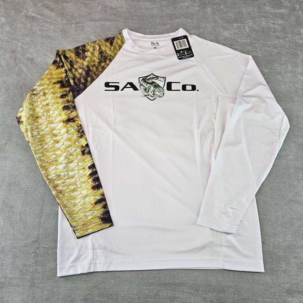 SA Company Shirt Mens Mesh White Bass Long Sleeve Fishing Fish Arm Small UPF50